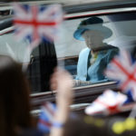 Britain’s Queen Elizabeth leaves after visiting BBC Broadcasting House in London