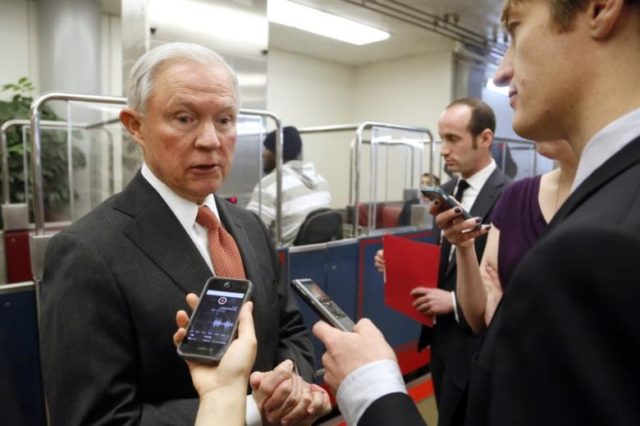 Sessions speaks with reporters ahead of the weekly Senate Republican caucus luncheon at the U.S. Capitol in Washington Sessions