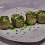 Cabrales stuffed artichoke hearts with pesto sauce