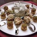 Pork belly and salmon crudo appetizer spoons