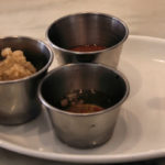 Clockwise(L to R) horseradish, cocktail sauce, Tabasco, and Mignonette sauce