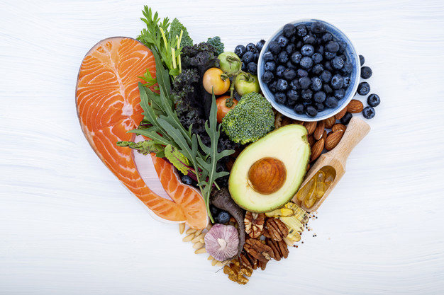 Heart shape of ketogenic low carbs diet concept. Ingredients for https://www.freepik.com/premium-photo/heart-shape-ketogenic-low-carbs-diet-concept_6000160.htm#page=1&query=heart%20healthy%20meal&position=17