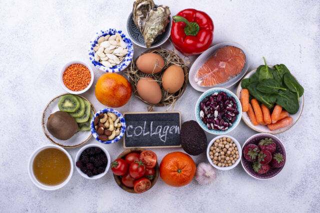 Food rich in collagen. Healthy products for beautiful skin https://www.freepik.com/premium-photo/food-rich-collagen-healthy-products_19258489.htm#page=1&query=anti%20aging%20diet&position=44&from_view=search