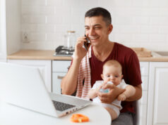 https://www.freepik.com/free-photo/smiling-happy-man-wearing-burgundy-casual-t-shirt-with-towel-his-shoulder-looking-after-baby-working-online-from-home-having-pleasant-conversation-with-client-partner_19137337.htm#query=work%20from%20home&position=6&from_view=search&track=sph