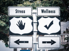 https://www.dreamstime.com/street-sign-to-wellness-versus-stress-direction-way-image155887371