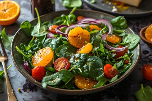 Close up of fresh salad with red onion, cherry tomatoes, spinach, orange, tangerine and clementine, dressing or olives oil on dark gray concrete background. Healthy and balanced food. https://www.vecteezy.com/photo/39837118-ai-generated-close-up-of-fresh-salad-with-red-onion-cherry-tomatoes-spinach-orange-tangerine-and-clementine-dressing-or-olives-oil-on-dark-gray-concrete-background-healthy-and-balanced-food
