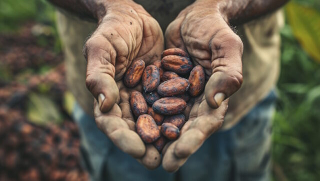 man holds a handful of cocoa beans. generative ai https://www.vecteezy.com/photo/40570474-ai-generated-man-holds-a-handful-of-cocoa-beans-generative-ai
