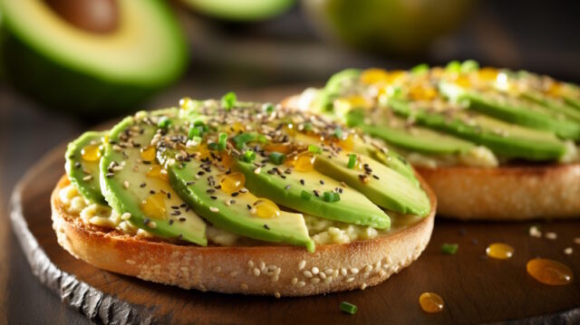 A toasted English muffin is topped with creamy avocado, adorned with a sprinkle of salt and pepper https://www.vecteezy.com/photo/34494594-ai-generative-of-toasted-english-muffin-is-topped-with-creamy-avocado-adorned-with-a-sprinkle-of-salt-and-pepper-it-s-a-delicious-blend-of-crunchy-and-smooth-textures-a-perfect-breakfast-or-snack