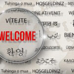 Magnifying glass with Word of Welcome. Words cloud concept.