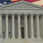 Washington DC Supreme Court facade on american flag backgound