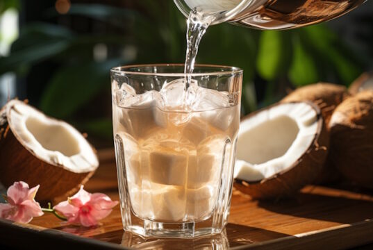 coconut water https://www.vecteezy.com/photo/39622091-ai-generated-refreshing-cocktail-on-wooden-table-in-tropical-paradise-generated-by-ai