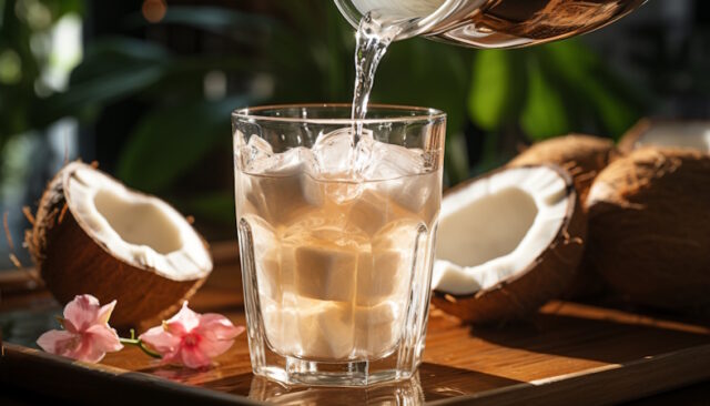 coconut water https://www.vecteezy.com/photo/39622091-ai-generated-refreshing-cocktail-on-wooden-table-in-tropical-paradise-generated-by-ai