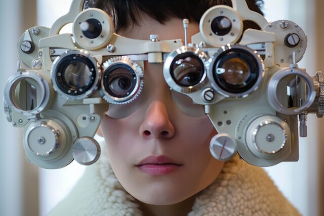 Woman at optometrist wearing phoropter for eye test https://www.vecteezy.com/photo/47897182-woman-at-optometrist-wearing-phoropter-for-eye-test