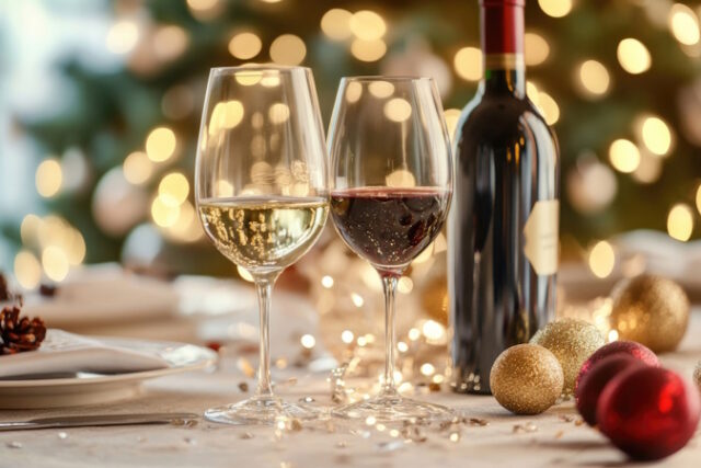 Wine glasses and bottle with space for text. https://www.vecteezy.com/photo/49004496-wine-glasses-and-bottle-on-a-festive-table-with-a-blank-area