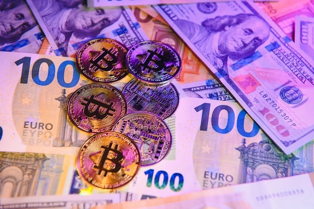 Money background. USA dollar with Euro Banknotes and Bitcoin cryptocurrency investing concept. https://www.vecteezy.com/photo/47263048-money-background-usa-dollar-with-euro-banknotes-and-bitcoin-cryptocurrency-investing-concept