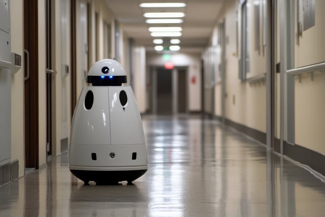 Robot security patrols a hospital corridor in evening light https://www.vecteezy.com/photo/56043700-a-robot-walking-down-a-hallway