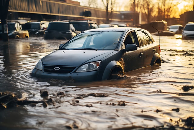 High water level on a city street from a flood, after a rainstorm or an avalanche. Cars are flooded. The concept of natural disaster insurance and life and property insurance. https://www.vecteezy.com/photo/35607950-ai-generated-high-water-level-on-a-city-street-from-a-flood-after-a-rainstorm-or-an-avalanche-cars-are-flooded-the-concept-of-natural-disaster-insurance-and-life-and-property-insurance