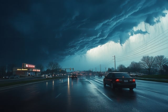 Dramatic storm clouds over a rain-slick highway with cars driving through. https://www.vecteezy.com/photo/53873214-dramatic-storm-clouds-over-a-rain-slick-highway-with-cars-driving-through