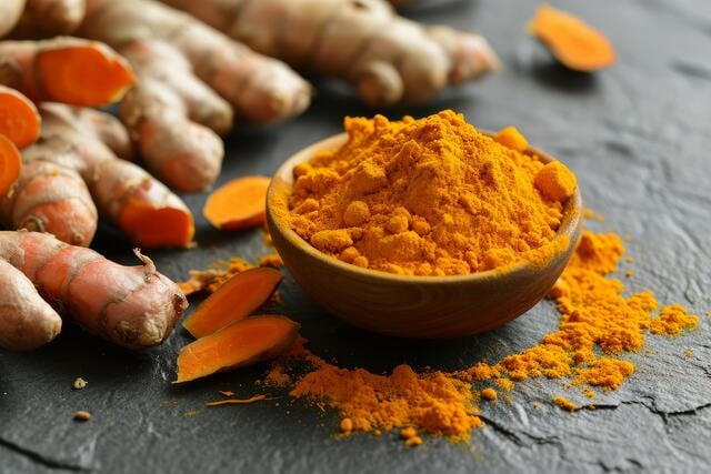 Fresh turmeric and powder on dark background https://www.vecteezy.com/photo/47331438-fresh-turmeric-and-powder-on-dark-background