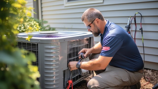 HVAC technician servicing an air conditioning unit https://www.vecteezy.com/photo/32129786-hvac-technician-servicing-an-air-conditioning-unit
