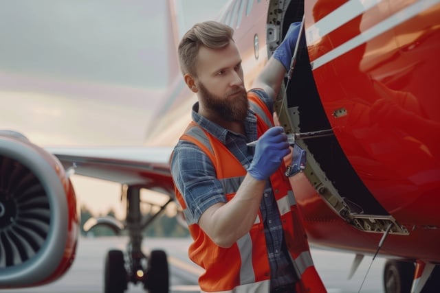 Skilled young airplane mechanic plane check engine avionics hangar industry technology experienced engineer safety scheduled maintenance transportation jet airport repair inspection replacement part https://www.vecteezy.com/photo/46521537-skilled-young-airplane-mechanic-plane-check-engine-avionics-hangar-industry-technology-experienced-engineer-safety-scheduled-maintenance-transportation-jet-airport-repair-inspection