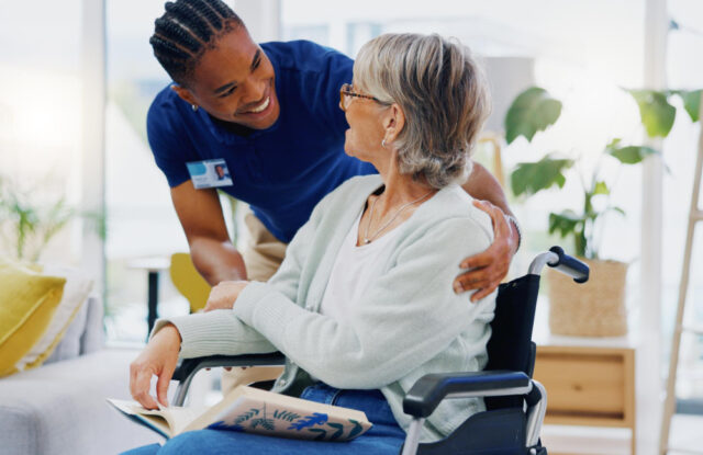 230219 https://www.freepik.com/premium-photo/black-man-caregiver-old-woman-wheelchair-talking-speaking-homecare-rehabilitation-together-medical-healthcare-advice-male-nurse-nursing-helping-elderly-patient-with-disability_73734075.htm#fromView=search&page=1&position=19&uuid=7b5d3c2f-04a5-4482-ab82-ca4775064932&query=elder+person+and+aide