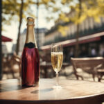 Generative AI, glass of champagne and bottle on wooden table wit