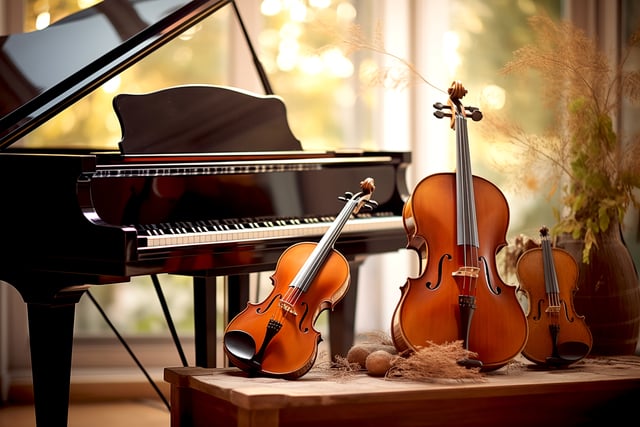 music trio instrument with grand piano, violin and cello on the https://www.vecteezy.com/photo/40964212-ai-generated-music-trio-instrument-with-grand-piano-violin-and-cello-on-the-stage-with-bogeh-effect-background