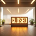 Bright Closed sign on a wooden table in an empty modern office with warm lighting and potted plants