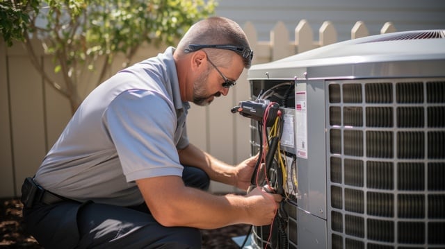 HVAC technician servicing an air conditioning unit https://www.vecteezy.com/photo/32130054-hvac-technician-servicing-an-air-conditioning-unit