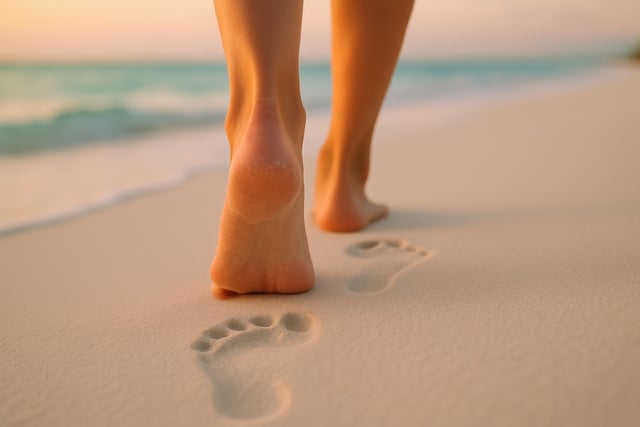 Bare feet walking on a white sandy beach at sunrise, leaving clear footprints in the sand https://www.vecteezy.com/photo/69923588-bare-feet-walking-on-a-white-sandy-beach-at-sunrise-leaving-clear-footprints-in-the-sand