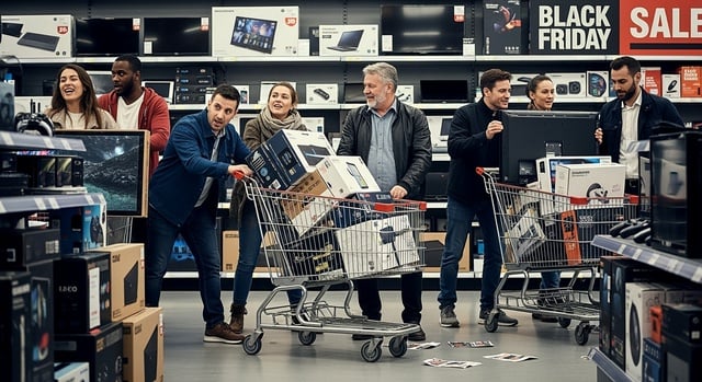 Black Friday Shopping Frenzy - Customers Eagerly Filling Carts w https://www.vecteezy.com/photo/70423680-black-friday-shopping-frenzy-customers-eagerly-filling-carts-with-electronics