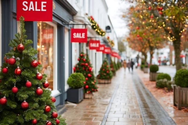 Christmas trees decorated with red baubles and sale signs along shopping street https://www.vecteezy.com/photo/69725489-christmas-trees-decorated-with-red-baubles-and-sale-signs-along-shopping-street