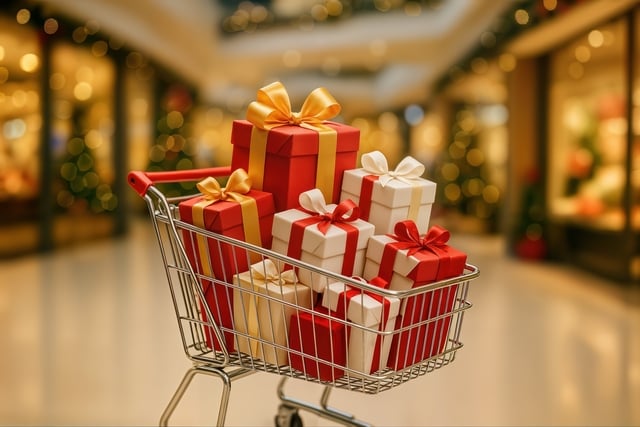 Shopping Cart Filled with Wrapped Gifts in Mall During Holiday Season Showcasing Festive Spirit and Celebration Atmosphere with Bokeh Shopping Background in a Vibrant Retail Environment https://www.vecteezy.com/photo/68515929-shopping-cart-filled-with-wrapped-gifts-in-mall-during-holiday-season-showcasing-festive-spirit-and-celebration-atmosphere-with-bokeh-shopping-background-in-a-vibrant-retail-environment