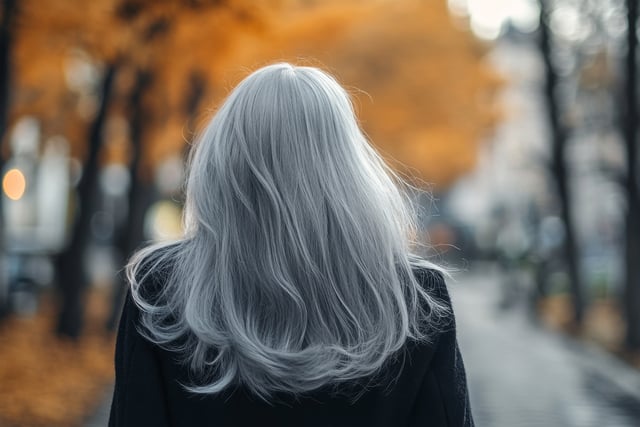 woman with fashion color long hair on background https://www.vecteezy.com/photo/63229745-woman-with-fashion-grey-color-long-hair-on-background