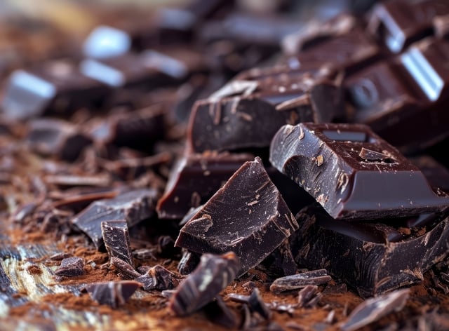 Pieces of dark chocolate on table closeup Food background https://www.vecteezy.com/photo/38855943-ai-generated-pieces-of-dark-chocolate-on-table-closeup-food-background