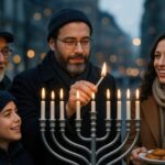 Hanukkah Celebration with Family Lighting Menorah in Winter City Square at Dusk Creating a Warm Festive Atmosphere