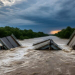 The remnants of a bridge succumb to a river s fury after devasta