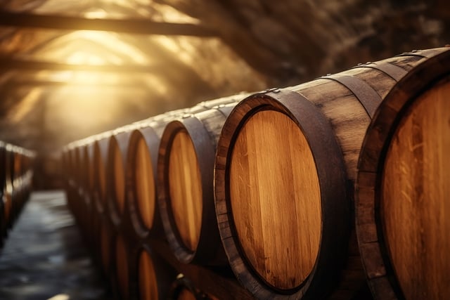 Wine cellar with wooden barrels aging in warm sunlight https://www.vecteezy.com/photo/59242522-wine-cellar-with-wooden-barrels-aging-in-warm-sunlight