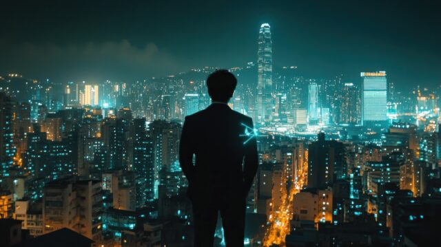 Businessman overlooking futuristic cityscape at night. https://www.freepik.com/premium-psd/businessman-overlooking-futuristic-cityscape-night_411121728.htm#from_element=cross_selling__psd