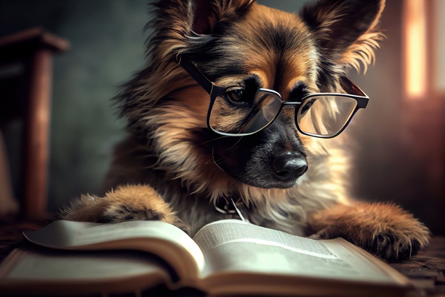 Generative AI illustration of Intelligent serious dog in glasses reading a book, volumn light https://www.vecteezy.com/photo/22709021-generative-ai-illustration-of-intelligent-serious-dog-in-glasses-reading-a-book-volumn-light
