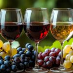 Wine glasses filled with grapes and wine.