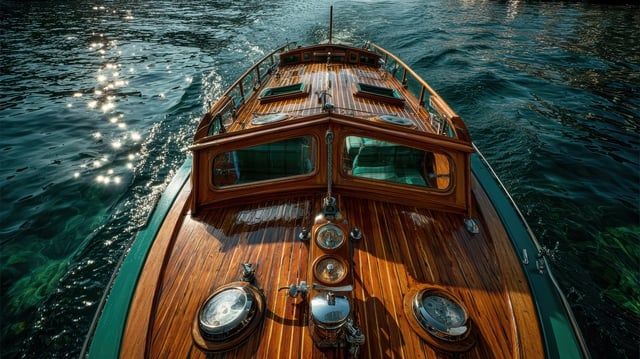 Elegant Wooden Boat with Polished Deck Surrounded by Calm Water https://www.vecteezy.com/photo/70238584-a-boat-with-wooden-deck-and-wooden-steering-wheel