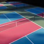 Pickleball courts that are empty, with floors in red, blue, and green colors with white lines, surrounded by trees, and equipped with lights, fencing, and seating