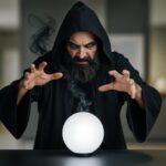 A Wizard Performing A Dark Ritual Indoors In Low Light With Smoke Rising Mysteriously From A Glowing Crystal Ball On A Table