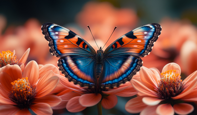 Colorful butterfly resting on flowers. A vibrant butterfly with blue and orange wings rests gracefully on blooming flowers during the sunny afternoon. https://www.vecteezy.com/photo/60179844-colorful-butterfly-resting-on-flowers-a-vibrant-butterfly-with-blue-and-orange-wings-rests-gracefully-on-blooming-flowers-during-the-sunny-afternoon