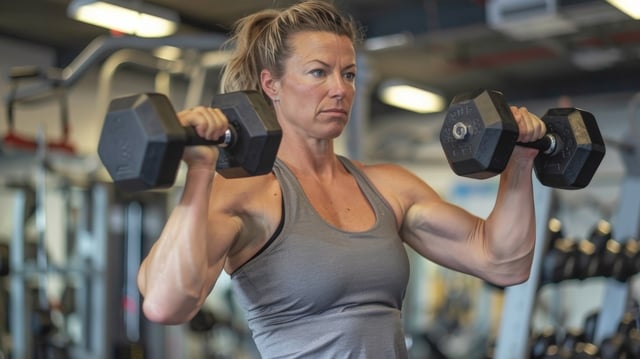 https://www.vecteezy.com/photo/53694764-a-muscular-woman-lifts-weights-in-a-gym-she-is-wearing-a-gray-tank-top-and-black-shorts-she-has-her-hair-in-a-ponytail-and-is-looking-at-the-weights-she-is-lifting
