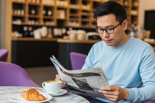 https://www.vecteezy.com/photo/72309706-young-asian-man-reading-newspaper-over-coffee-and-croissant-at-modern-cafe