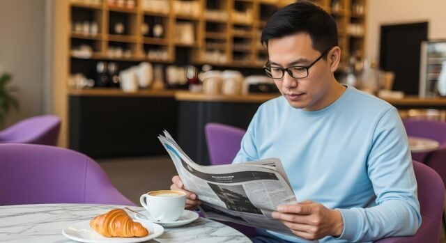 https://www.vecteezy.com/photo/72309706-young-asian-man-reading-newspaper-over-coffee-and-croissant-at-modern-cafe