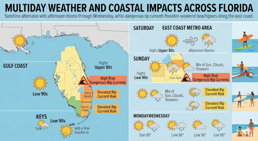 Sun, Daily Storms, and High Rip Current Risks Define the Five-Day ...
